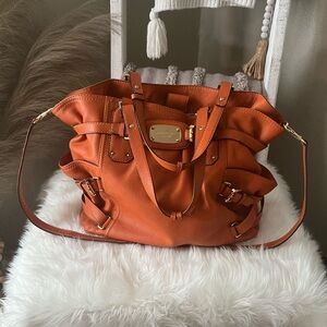 MICHAEL Michael Kors Orange Leather Ruffle Tote with Gold Hardware